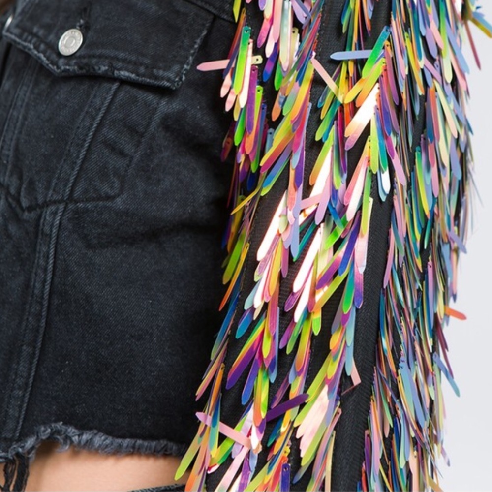 Statement black distressed Denim jacket holograph - Picture 3 of 4